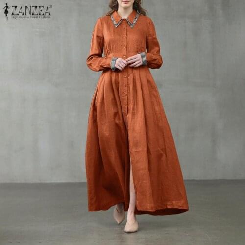 ZANZEA Elegant Women Maxi Long Dress Fashion Spring Lapel Neck Plaid Patchwork Shirt Dress Casual Long Sleeve Sundress Robe