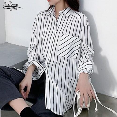 Spring Autumn New Striped Women Shirt Tops Turn-down Collar Pocket Long Sleeve White Women Blouse Casual Loose Ladies Tops 12574