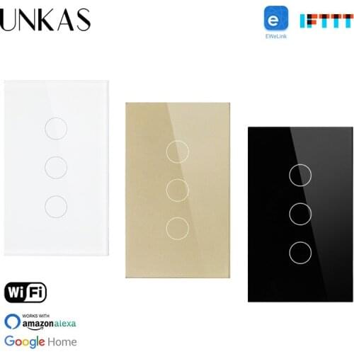 UNKAS US Standard WIFI 3 Gang 1 Way Touch Wall Switch Crystal Glass Panel Ewelink Smart Home Light Switch Null and Fire Line