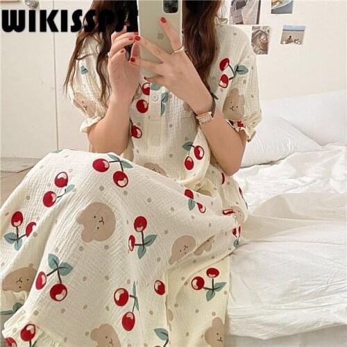 WIKISSPJS 2021 Korean Gauze Cotton Comfortable Big Cherry Print Loose Spring Summer Nightgown Dress Sleeping Dress