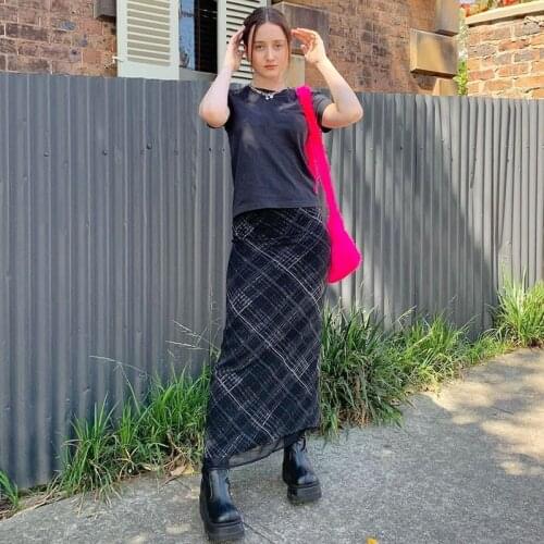 Y2K Double Layer Stripe Plaid Midi Skirt Women 90s Aesthetic Low Waist Mesh Pencil Long Skirts Female Harajuku 2021