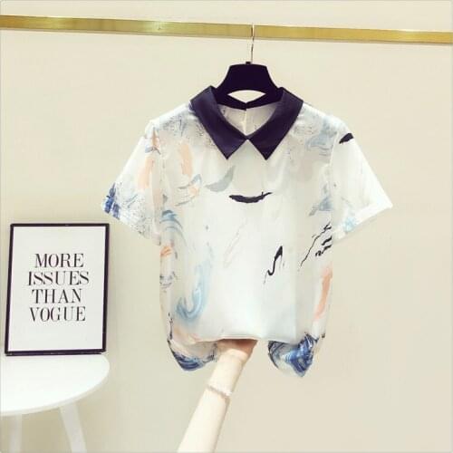 Womens Chiffon Shirt New Short Sleeve Thin Summer Top Fashion Print All-Match Ladies Blouses Blusas Vetement Femme 2021