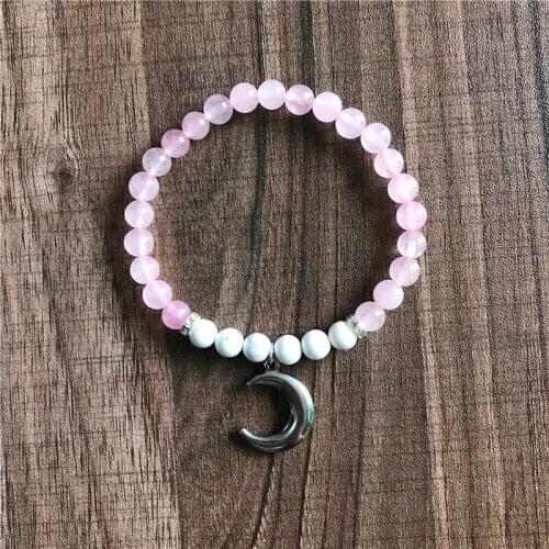 Womens Bracelets 6mm/8mm Natural Howlite & Rosequartz Bracelet Moon Pendant Bracelets Wrist Yoga Bracelet