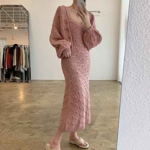 Korean Chic Knitted two Piece Set Single-breasted Lantern Sleeve Short Women Sweater Coat + Dress Texture Jacquard Suit Female