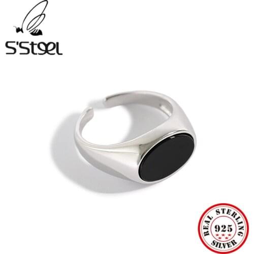 SSTEEL Korean Ring 925 Sterling Silver For Women Geometric Oval Black Onyx Ring Anillo De Plata De Ley 925 Mujer Fine Jewelry