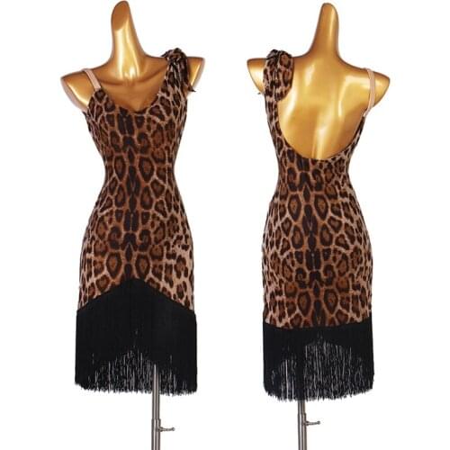 Leopard Latin Dance Dress Competition Costume Girls Women Customized Size Summer Tango Tassel Performance Stage Wear YS2212