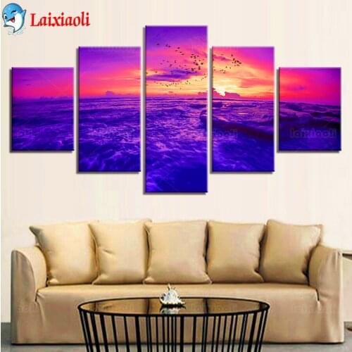 5 Pcs Purple Sky Birds Sunset Sea Wave Landscape diamond painting cross stitch DIY mosaic full square round diamond embroidery