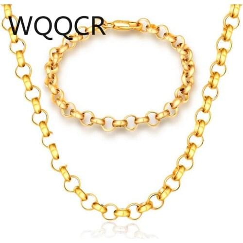 Gold Simple Chain Mens 50CM Necklace Bracelet Two-Piece Gender Male Necklace Accessories Replacement 6mm Width