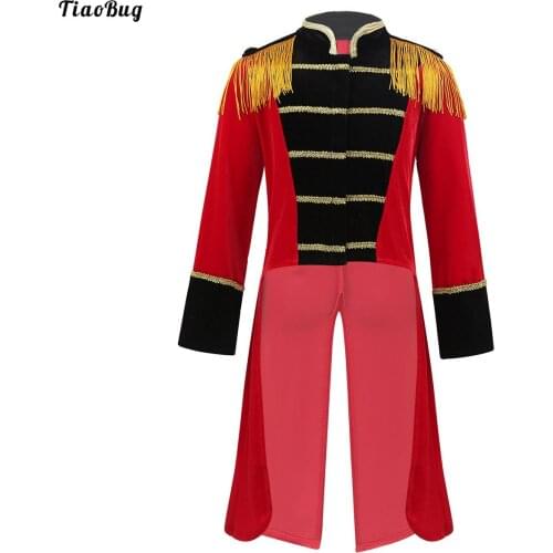 Kids Boys Circus Ringmaster Halloween Cosplay Party Costume Long Sleeves Stand Collar Fringes Gold Trimmings Tailcoat Jacket