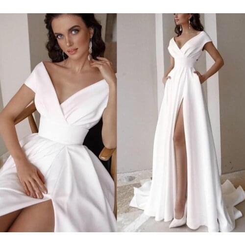 Sexy Long Satin Wedding Dresses with Pockets A-Line Floor Length Pleated V-Neck Sweep Train Maxi Bridal Gowns for Women