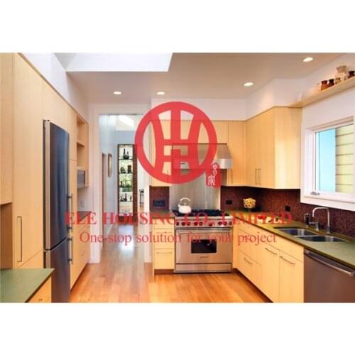 Customized modern laminated wood grain color kitchen cabinet with excellent design and quality MOQ is 1 set & sipping by sea