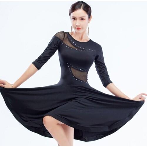 Summer Half-Sleeve Latin Dance Dress Women Mesh Stitching Rhinestone Ballroom Tango Dancing Costume Performance Clothing YS1448
