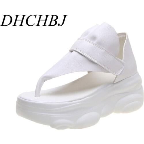 2020 Summer Leather Women Sandals Platform 6.5CM Wedge Heels Shoes Comfortable Outside Flip-Flops White Sneakers Beach Shoes