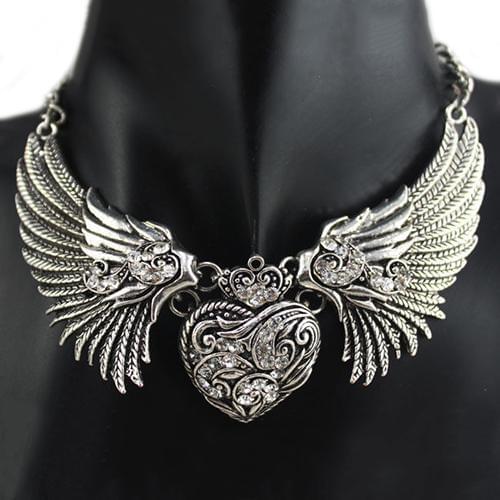 HOT SALES!!! Womens Fashion Rhinestone Heart Angel Wings Statement Necklace Jewelry wing heart pendant a lobster clasp Necklace