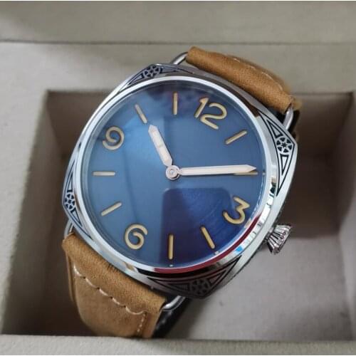 No logo 47mm Carving pattern Watch case Mechanical Hand Wind Mens Watch Blue dial black dial St3600-1 swan neck movement
