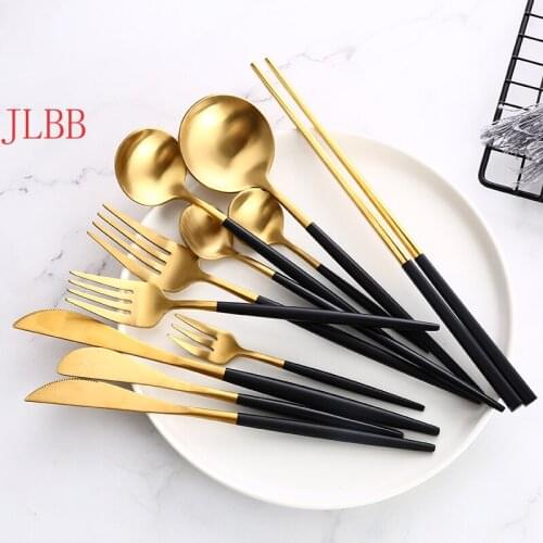 Black Gold Cutlery Set Steak Knife Fork Coffee Spoon Teaspoon Dessert Knife Ice Spoon Chopsticks Stainless Steel Dinnerware Set