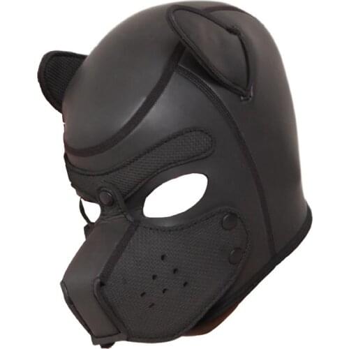 Unisex Padded Latex Rubber Dog Muzzle Hood Full Head Mask with Ears Puppy Cosplay Fetish Pet Role Play Costume