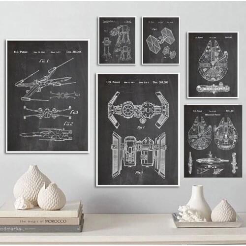 Sci-Fi Spacecraft Poster Spaceship Blueprint Drawing Wall Art Print Canvas Painting Aircraft Pictures Boys Room Decor