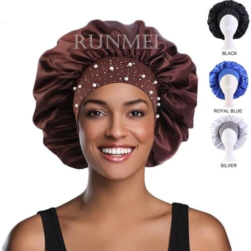 2021 new decoration diamond elastic wide-brim silk night hat, big satin round hat, beauty salon hat, Muslim family turban hat