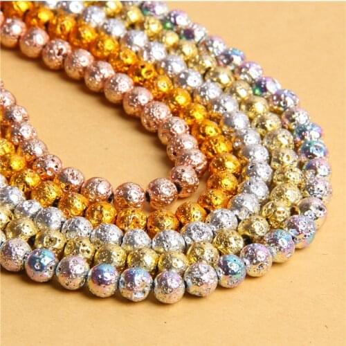 Wholesale 15.5" Electroplate White Lava Beads 6 mm 8 mm 10 mm Drilled Round Natural Rainbow Volcanic Stone Beads For DIY Jewelry