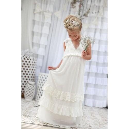 Backless Flower Girl Dresses For Weddings A-line V-neck Chiffon Lace Tiered Long First Communion Dresses For Little Girls