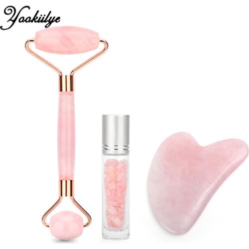 Pink/Green Natural Rose Quartz Jade Roller Gua Sha Board Massager Face Lifting Tool Facial Guasha Massage Gemstone Bottle Kit