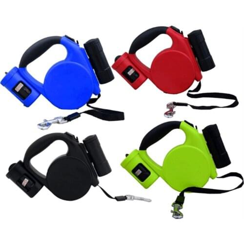 LED Pet Dog Leash Glare Flashlight 3-in-1Extendable Automatic Flexible Traction Rope Garbage Dispenser Waste Bags 4 colors