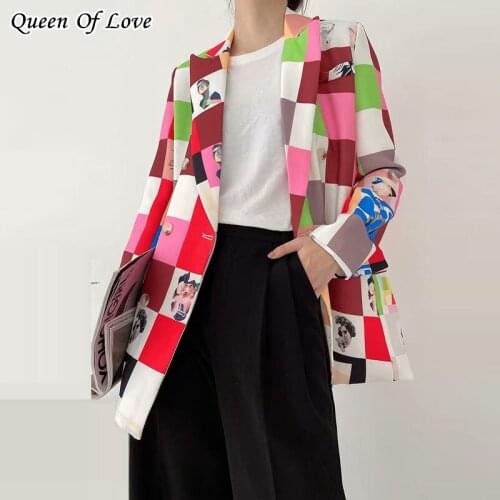 Women Fashion Office Wear Double Breasted Blazer Graffiti print Coat Vintage Long Sleeve Pockets Female Outerwear Chic Tops