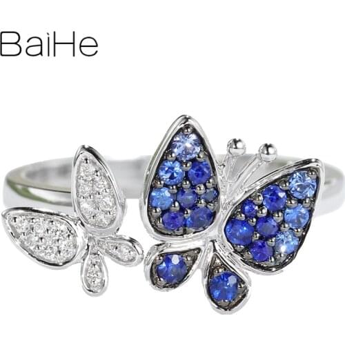 BAIHE Solid 14K White Gold 0.22ct Natural sapphirs Wedding Women Trendy Fine Jewelry Beautiful butterfly sapphire diamond Ring