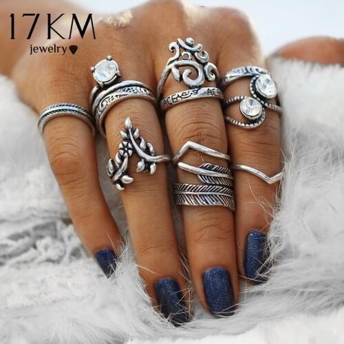 17KM Vintage Silver Color Knuckle Rings Carving Antique Hollow Flower Leaves Crystal Rings Party Jewelry for Women 8 PCS/Lot