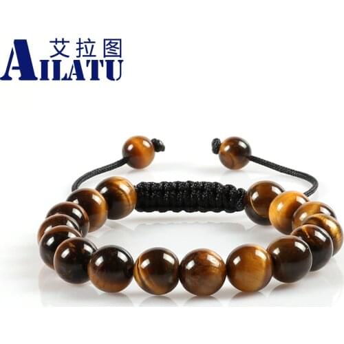 Ailatu Men' Favorite Powerful 10mm Tiger Eye Gem Stone Beads Braided Bracelet with Macrame for Fashion