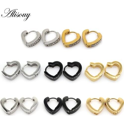 Alisouy 2pcs Zirconia Crystal Love Heart Stainless Steel Women Men Huggies Ear Buckle Small Hoop Earring Unisex Piercing Jewelry