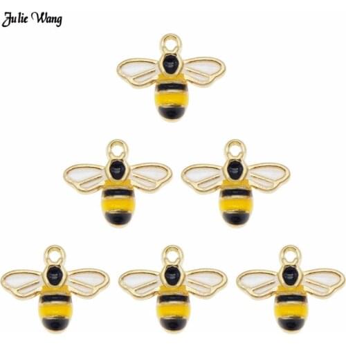 Julie Wang 4pcs 8pcs Alloy Enamel Bee Insect Charm Gold Tone For Bracelet Earrings Pendant Jewelry DIY Findings 14*12mm