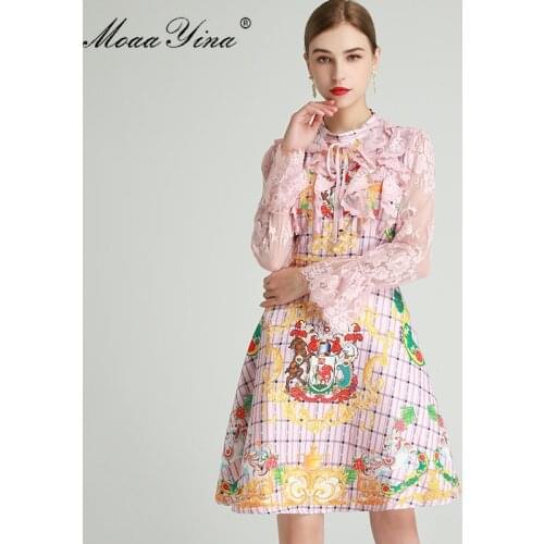 MoaaYina Fashion Designer dress Spring Womens Dress Lace Ruffles Flare Sleeve Floral-Print Slim Dresses