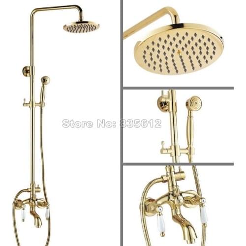 Gold Color Brass Bathroom Dual Handles Rain Shower Faucet Set with 8" inch Shower Head + Tub Mixer tap Wall Mount Wgf424