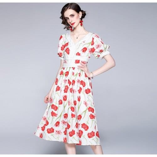 Summer Women Sweet Midi Dress Female V-Neck Puff Sleeve Rose Floral Pirnt Slim Elegant Party Dress Vestidos K6068