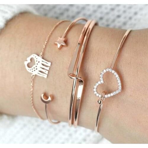 AIDEVER Fashion High Quality Jewelry Gift for ladies Heart Friendship Jewelry Gold Alloy Bangle Multilayer Opening Bracelet