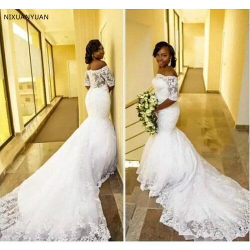Half Sleeves Vestido De Noiva 2021 Muslim Wedding Dresses Mermaid Tulle Appliques Lace Boho Dubai Arabic Wedding Gown