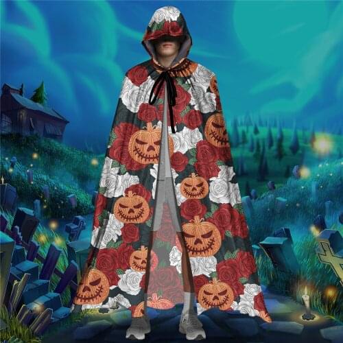 Adult Hooded Capes Rose Pumpkin Skull Design Halloween Christmas Cloak Witch Vampire Ponchos Full Long Gothic Cosplay Costume