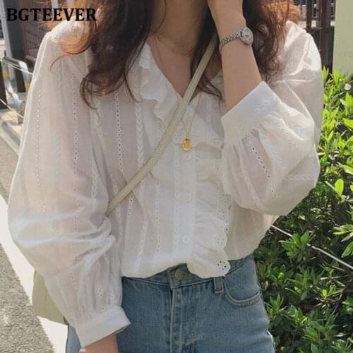 BGTEEVER Casual Ruffles Women White Shirts Summer Simple Chic V-neck Single-breasted Ladies Long Sleeve Tops 2020