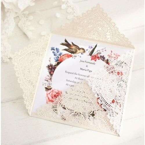 Ivory invitation paper royal laser cut wedding card with envelop offer printing 50pcs