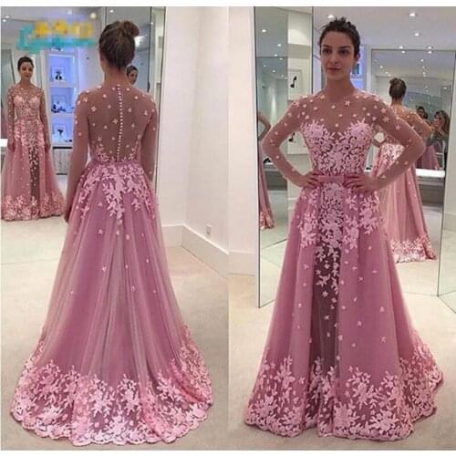 Robe De Soiree Sheer Lace Long Sleeve Scoop Evening Dresses Detachable Train Applique Bow Tulle Party Gown Stunning Prom