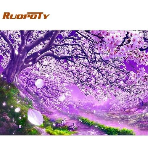 RUOPOTY Painting By Numbers For Adults Purple Flower Tree Paints Kits Unique Gift 60x75cm Framed Acrylic Canvas Living Room Deco