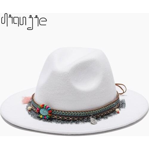 2021new Fashion Trend Women Ladies Wool Felt Fedora Hat Shark fin Wide Brim Wool Panama Casual Formal Party white and pink