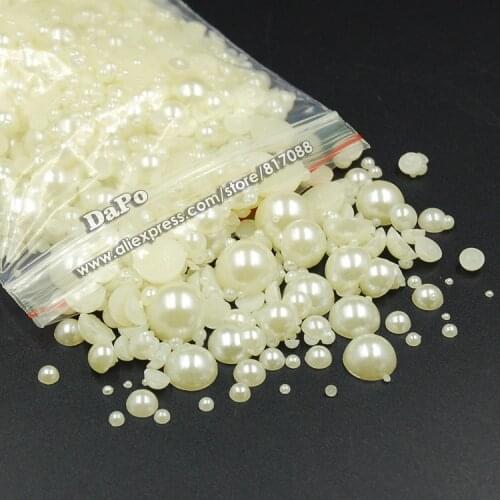 Mixed size(2-12MM) Fashion 1000pcs/pack Ivory/White Half Round DIY Resin Flatback Nail Art Pearl For Nail Decoration