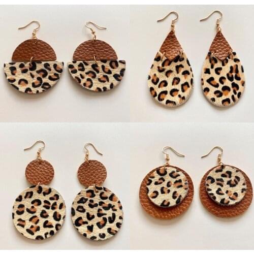 Leopard Print Genuine Leather Patchwork Animal Earrings for Women Fashion Star Round Teardrop Semicircle Shape Leather Jewelry