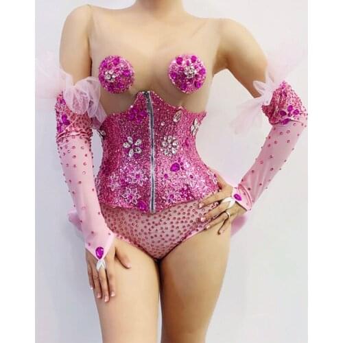 Women Bar Nightclub Show Sexy Stage Wear Pink Gloves Rhinestones Bodysuit Big Bow-knot Dance Costume Club Party Birthday Outift