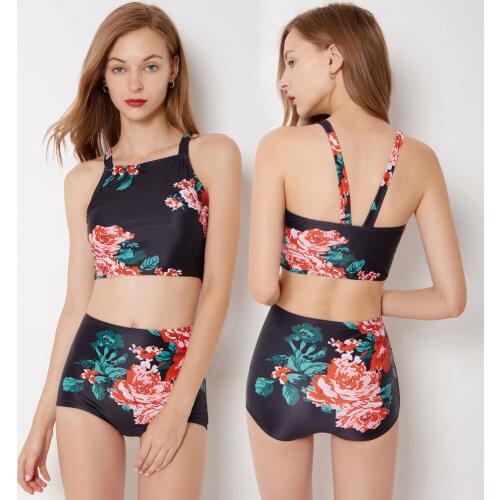 Womens Floral Printing High Waisted High Neck Bikini Set Tankini Swimwear Two Piece Swimsuit Bathing Suits