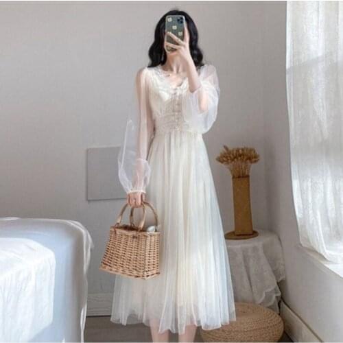 New Arrival 2021 Spring New Fashion Women Long Sleeve White Mesh Dress V-Neck Elastic Waist Casual Button Vestidos Mujer