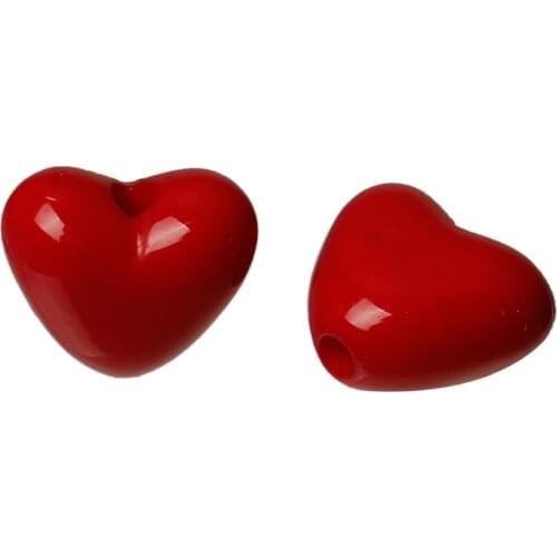 200 PCs Doreen Box Acrylic Charm Beads Love Heart Red Bead For DIY Fashion Jewelry Making Accessories 11x10mm, Hole: 2mm